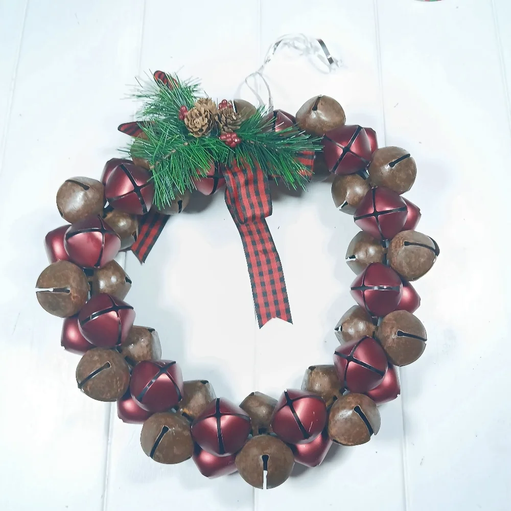 Red & Brown 13” Jingle Bell Metal Christmas Wreath, Holiday Decor Indoor Outdoor